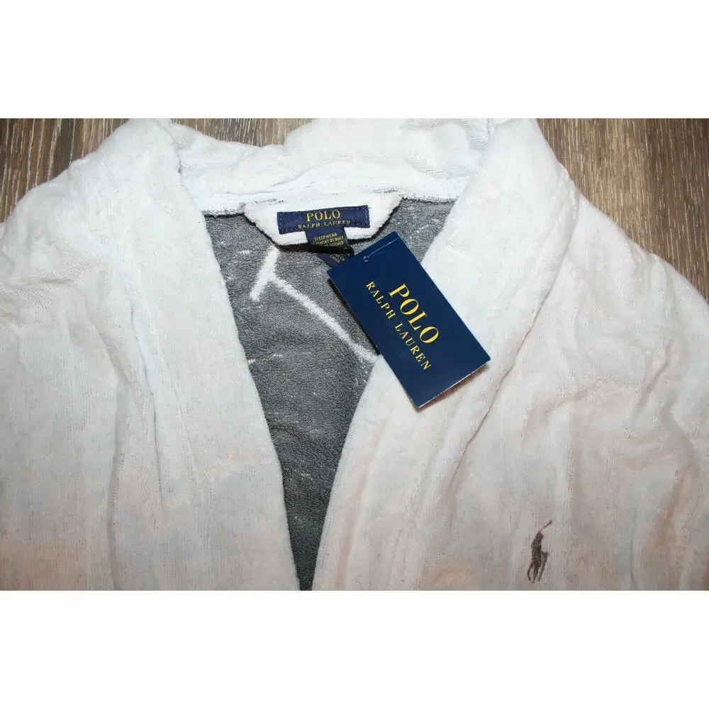 NWT RALPH LAUREN Large Polo Pony Plush Velour Bath Robe White‎ Gray $150
